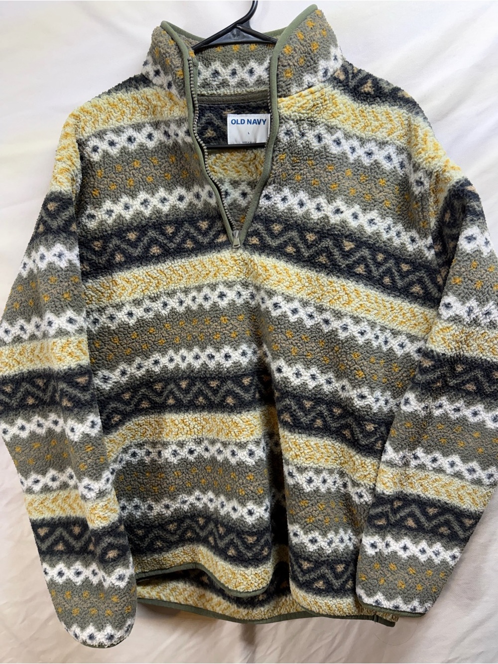 Old Navy Olive, Yellow & White Patterned Quarter-Zip Sherpa Sweater